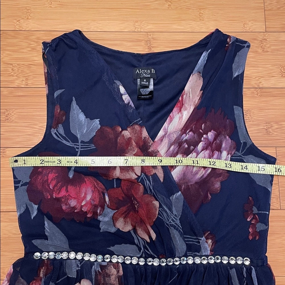 Alexa B Nites Maxi Dress Size 6 V Neck Floral Sleeveless Mesh Embellished Blue - Picture 11 of 15